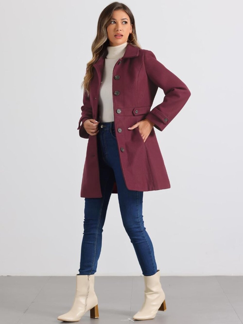 Women's Burgundy 100% Polyester Single Breasted Fully Lined Mid-Length Pea Coat - Picture 3 of 5